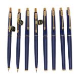 Parker, Classic, two sapphire lacque fountain pens, three roller ball pens and three propelling penc