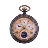 Unsigned, Gun metal open face keyless wind calendar pocket watch