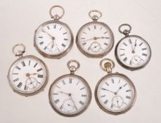 A collection of six silver pocket watches