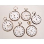 A collection of six silver pocket watches