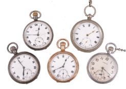 A collection of five open face pocket watches