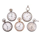 A collection of five open face pocket watches