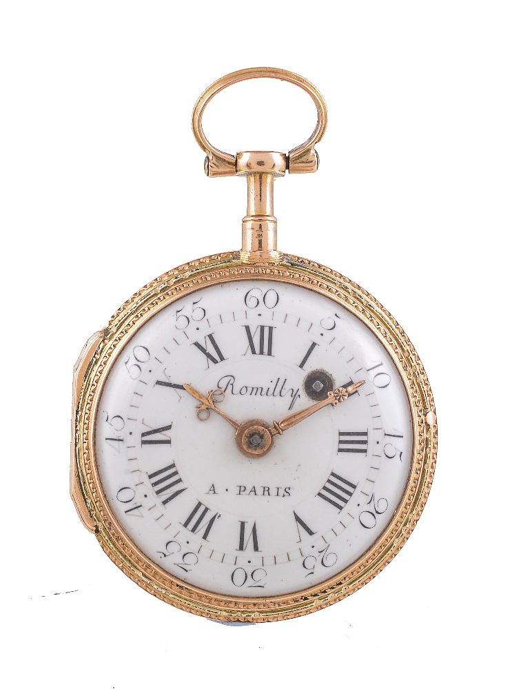 Romilly, A. Paris,Gold coloured and enamel open face pocket watch