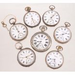A collection of white metal open face pocket watches