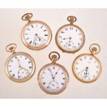 A collection of five gold plated open face keyless wind pocket watches