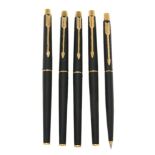 Parker, Classic, a matte black fountain pen, three roller ball pens and a propelling pencil