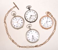 A collection of four open face keyless wind pocket watches