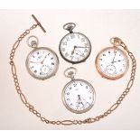 A collection of four open face keyless wind pocket watches