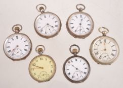 A collection of six silver open face pocket watches