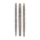 Parker, Cisele, a silver coloured and gilt fountain pen, ball point pen and propelling pencil