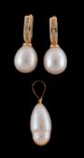 A pair of cultured pearl and diamond earrings