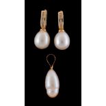 A pair of cultured pearl and diamond earrings