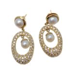 A pair of diamond and cultured pearl earrings