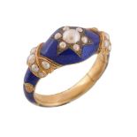 An early Victorian half pearl and blue enamel mourning ring