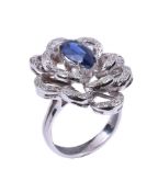 A sapphire and diamond flower head dress ring