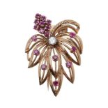 A 9 carat gold 1960s ruby and diamond brooch