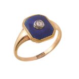 A diamond and blue enamel panel ring