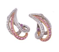 A pair of diamond and pink sapphire ear clips