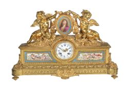 A French Napoleon III Sevres style porcelain inset ormolu figural mantel clock