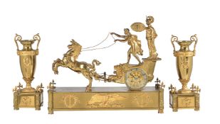 A French Empire style gilt bronze figural mantel clock garniture 'The Chariot of Telemachus'. The cl