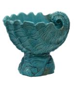 A Burmantofts Faience turquoise-glazed shell-shaped jardiniere and associated columnar stand