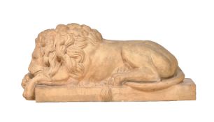 After Antonio Canova, (Italian 1757 - 1821), a sculpted terracotta model of a recumbent lion