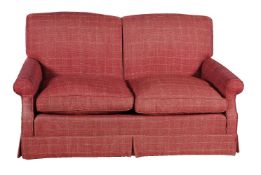 A red check upholstered two-seat sofa