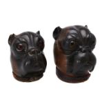 Two French carved and partially stained wood ink stands modelled as bulldogs' heads