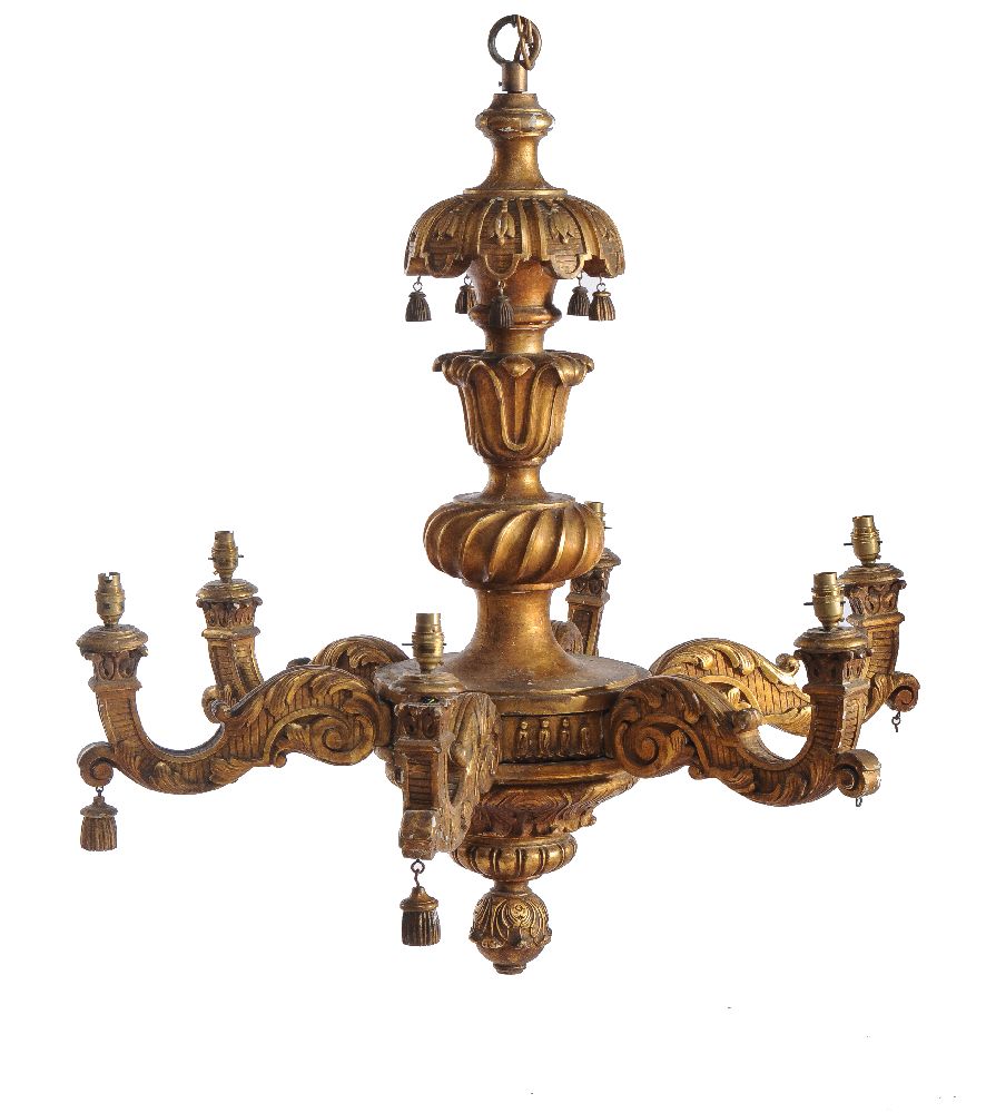 An Italian carved giltwood six light chandelier in Baroque taste