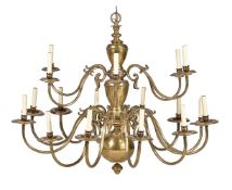 A substantial brass eighteen light chandelier in Dutch 17th century style