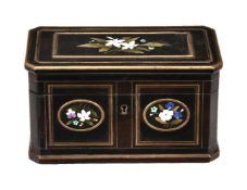 ϒ A pietre dure inset, gilt metal strung and ebony veneered softwood casket