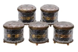 A set of five moulded and cut glass and brass mounted humidors