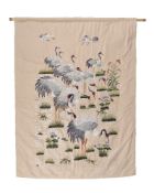 A large Japanese silk embroidery depicting fourteen Manchurian cranes