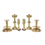 A pair of Swedish or Danish sheet brass candlesticks