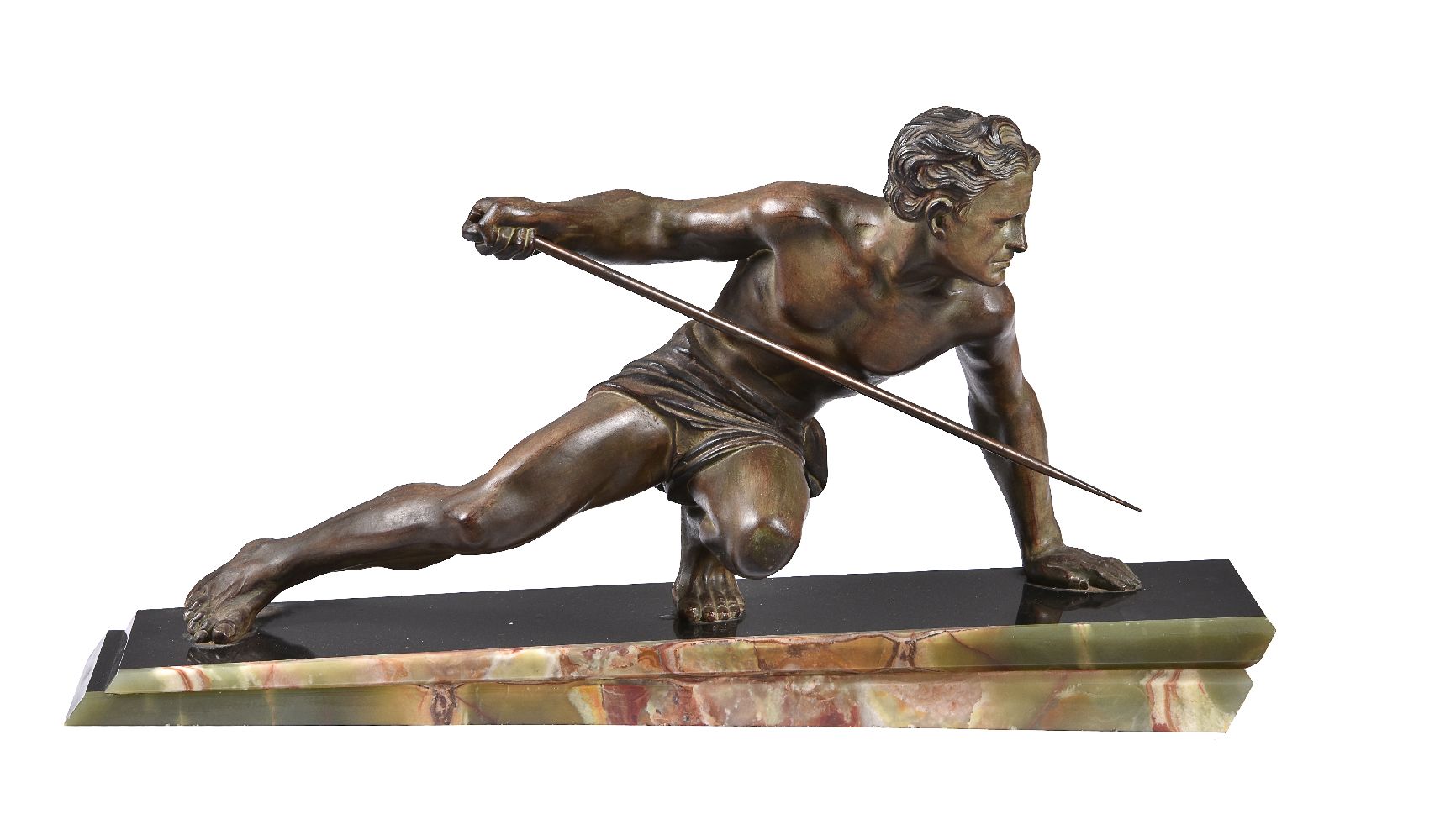 An Art Deco cold painted spelter and onyx mounted model of a huntsman