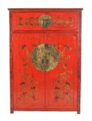 Two Chinese scarlet lacquer and gilt decorated wardrobes