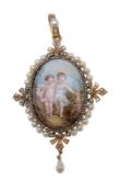 ϒ An 1870s French diamond and pearl enamelled brooch pendant retailed by Tixier Deschamps