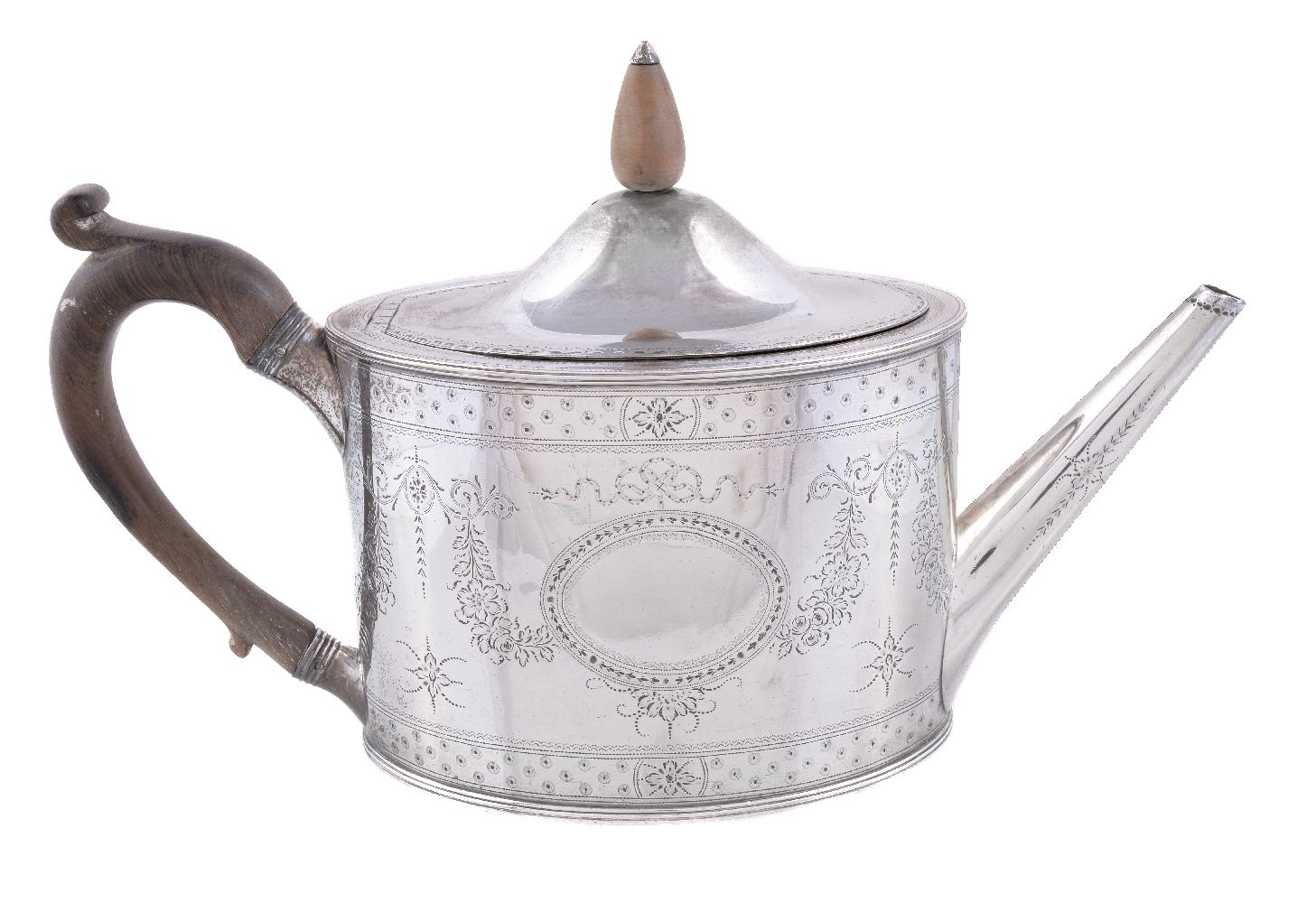 A George III silver straight-sided oval tea pot by Hester Bateman