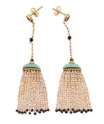 A pair of 1930s and later amazonite, seed pearl and onyx ear pendants