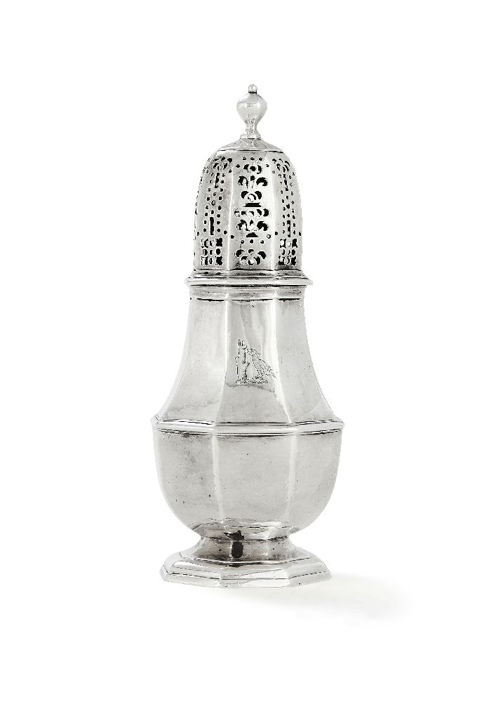 A George I silver octagonal baluster sugar caster by Charles Adam