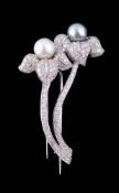 A diamond and cultured pearl floral spray brooch