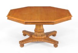 A Victorian oak and burr ash banded octagonal centre table