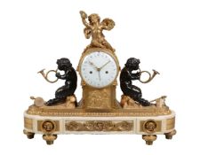 A substantial Louis XVI gilt and patinated bronze and white marble figural mantel clock
