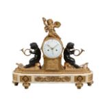 A substantial Louis XVI gilt and patinated bronze and white marble figural mantel clock