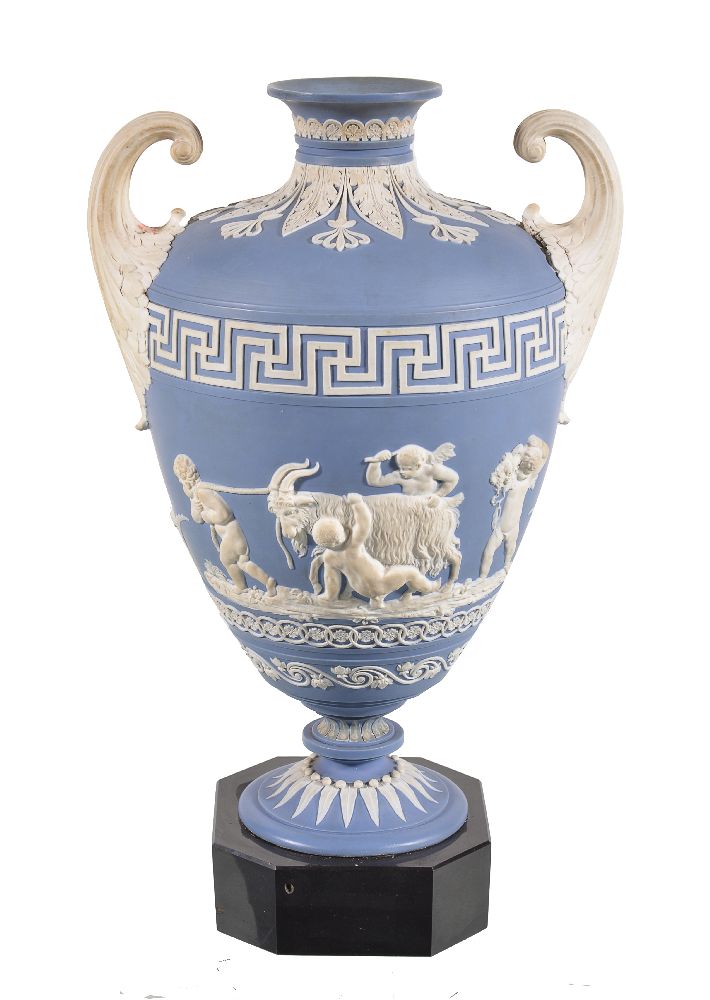 A Turner pale-blue solid-jasper two-handled urn on polished black basalt base - Image 2 of 2