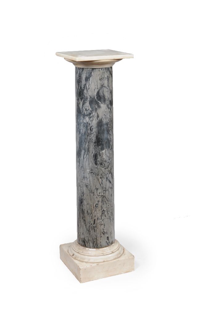 A Continental variegated grey and white marble mounted columnar pedestal