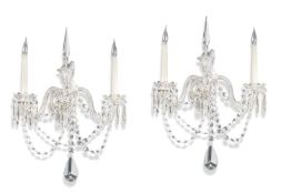 Four cut glass and plated metal mounted twin-light wall appliques in the manner of F & C Osler