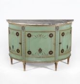 A pair of George III painted demi-lune commodes