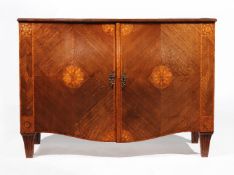 A George III mahogany, tulipwood and marquetry serpentine commode