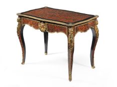 ϒ A Napoleon III brass marquetry, red stained tortoiseshell and brass marquetry bureau plat